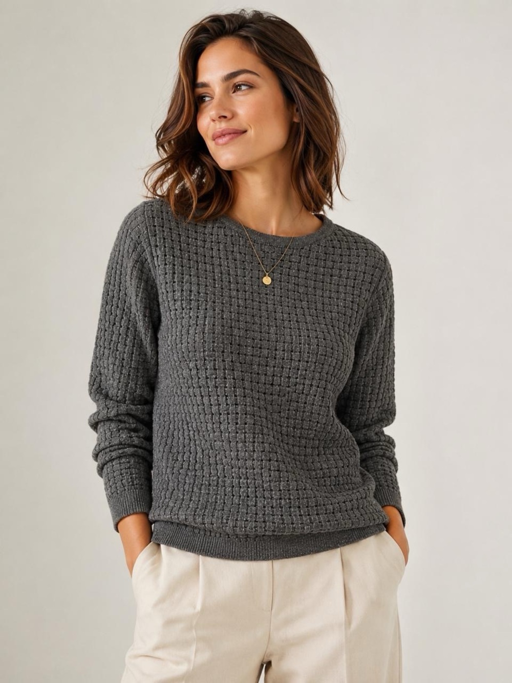 J.Jill Women Basketweave Knit Sweater Granite Heather Size M NWT